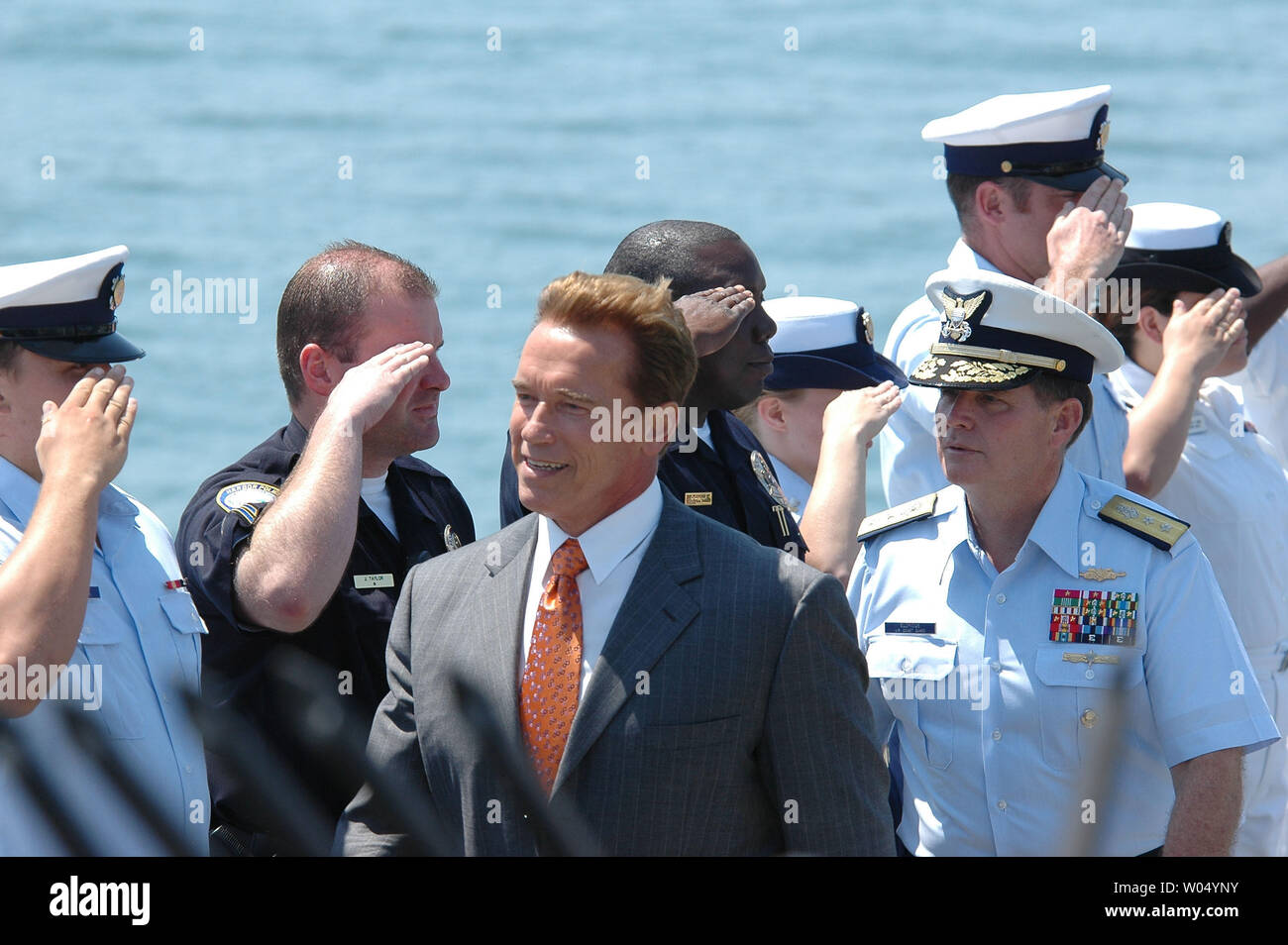 California Governor Arnold Schwarzenegger (left) along with Admiral Kevin Eldridge, commander of