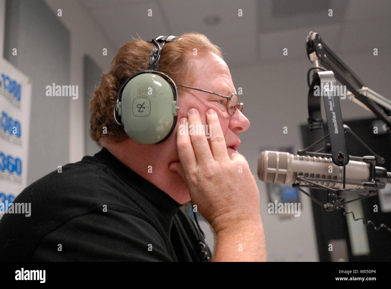 Progressive liberal" radio talk show host Ed Schultz talks to a caller,  March 24, 2006, in the studios of Air Americas KLSD in San Diego,  California. Schultz, who calls himself a "gun-toting