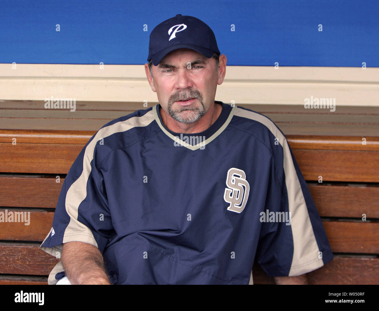 San Diego Padres manager Bruce Boche waits for the game with the