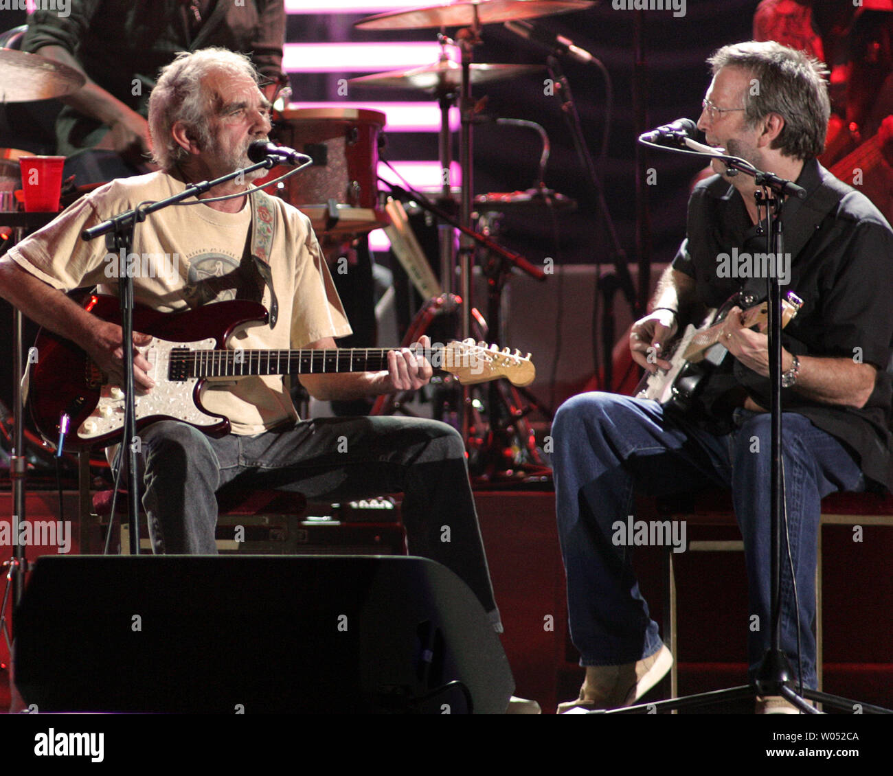 J.J. Cale (L) and Eric Clapton perform in concert at the ipayOne Center in San Diego on March 15, 2007.   (UPI Photo/Roger Williams) Stock Photo