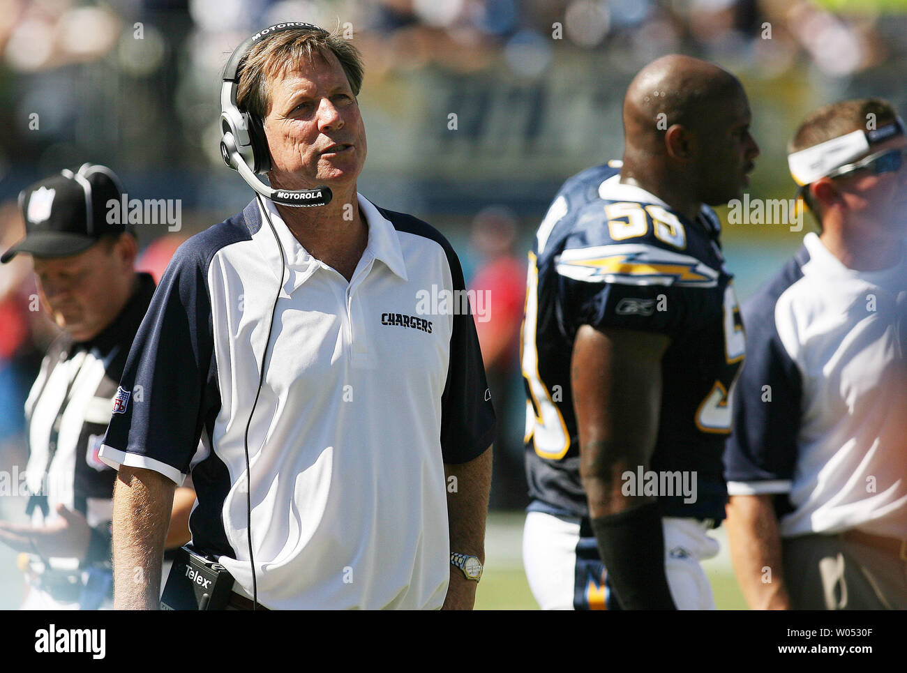San Diego Chargers head coach Norv Turner watches his team play against the Kansas City Chiefs in the first quarter at Qualcomm Stadium in San Diego on Sept. 30, 2007. (UPI Photo/Robert Benson) Stock Photo