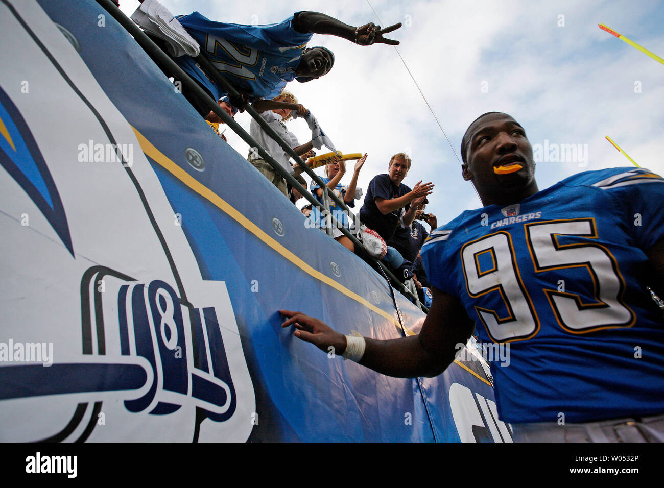 San Diego Chargers linebacker Shaun Phillips (95) celebrates after