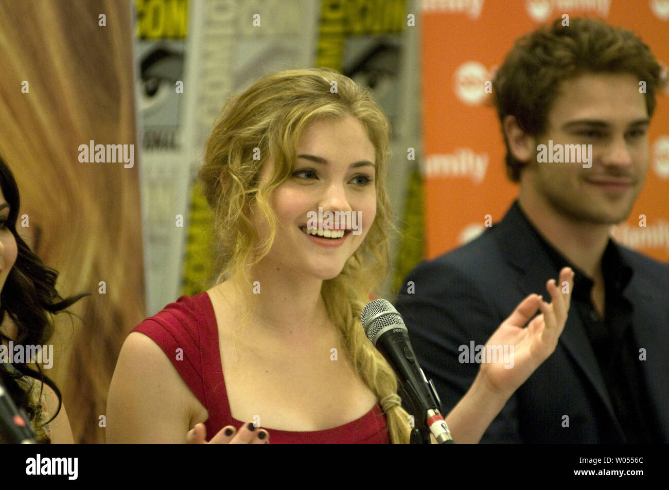 Cast member Skyler Samuels and Grey Damon speak at the television series  "The Nine Lives of Chloe King" panel during the 42nd annual Comic-Con  International, the largest comic book and pop culture