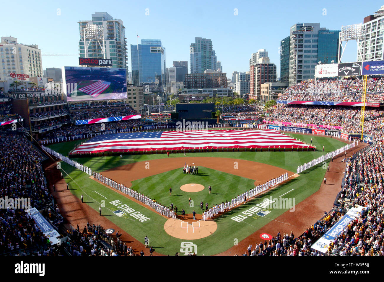 The Flag being presented during the National Anthem of the 87th MLB All-Star Game at Petco Park in San Diego, California on July 12, 2016. The American League defeated the National League 4-2.  Photo by Howard Shen/UPI Stock Photo