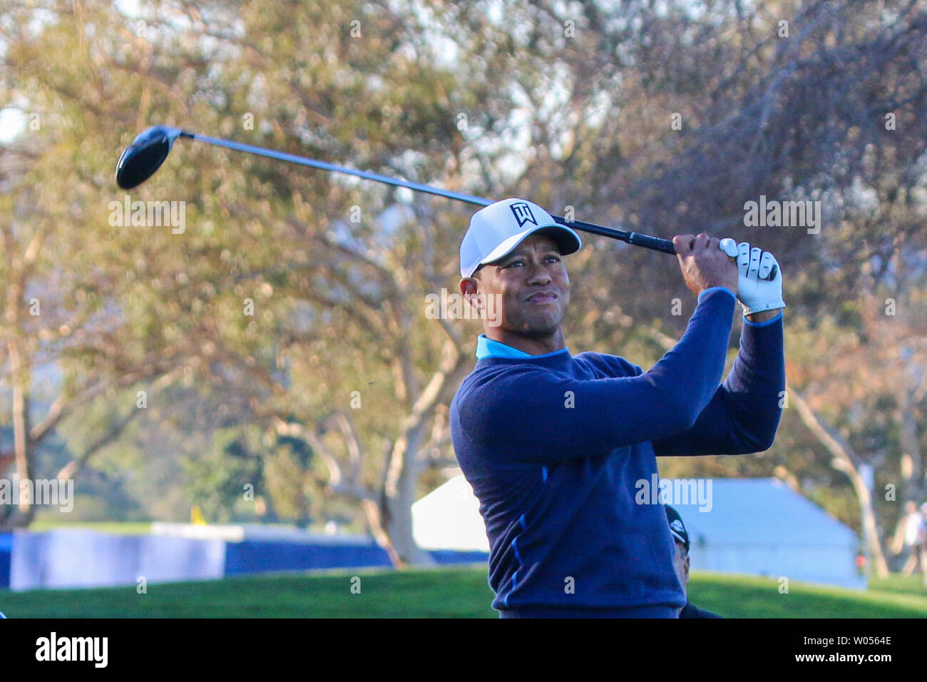 Tiger Woods tees off on the 6th hole during the Pro-Am round of the Farmers Insurance Open at Torrey Pines in La Jolla, California on January 24, 2018.  Woods, the former No. 1 golfer in the world, will be making his first start in a PGA tournament in a year.  He says he wants to play a full schedule to be ready for The Masters.   Photo by Howard Shen/UPI Stock Photo