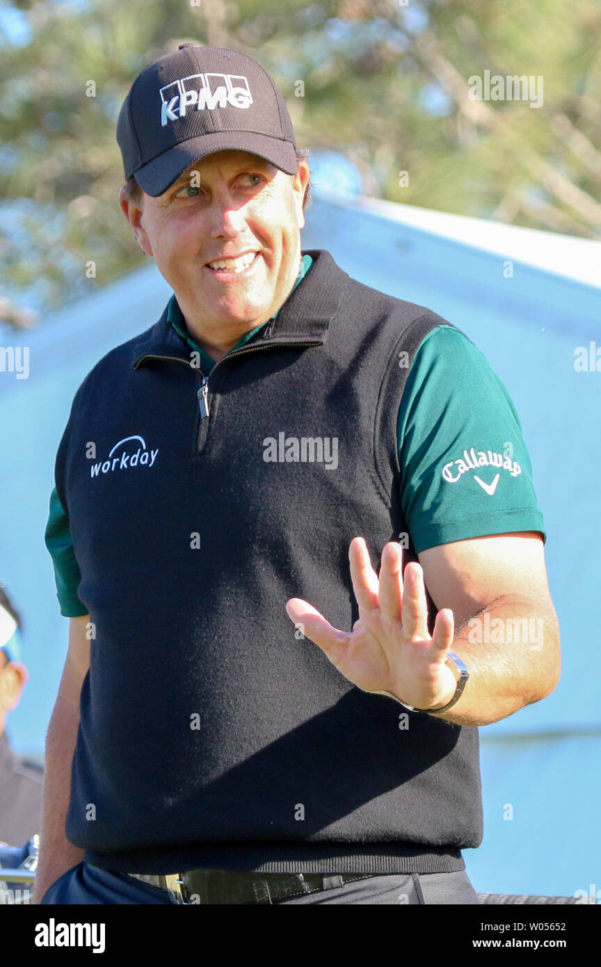 Phil Mickelson waves to the fans during the first round of the Farmers Insurance Open at Torrey Pines in San Diego, California on January 25, 2018. Photo by Howard Shen/UPI. Stock Photo