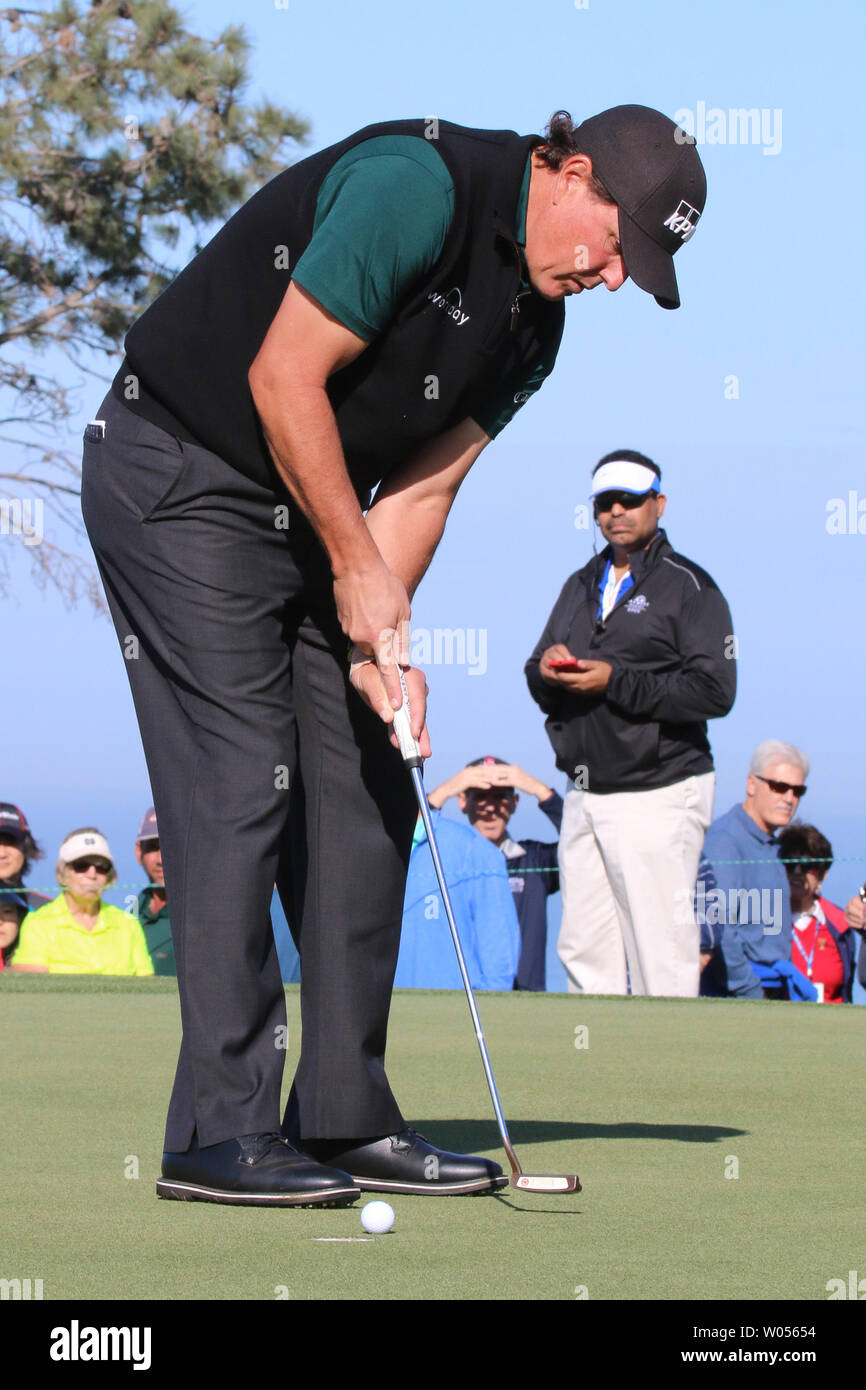 Phil Mickelson putts on the 1st green during the first round of the Farmers Insurance Open at Torrey Pines in San Diego, California on January 25, 2018.   Photo by Howard Shen/UPI Stock Photo