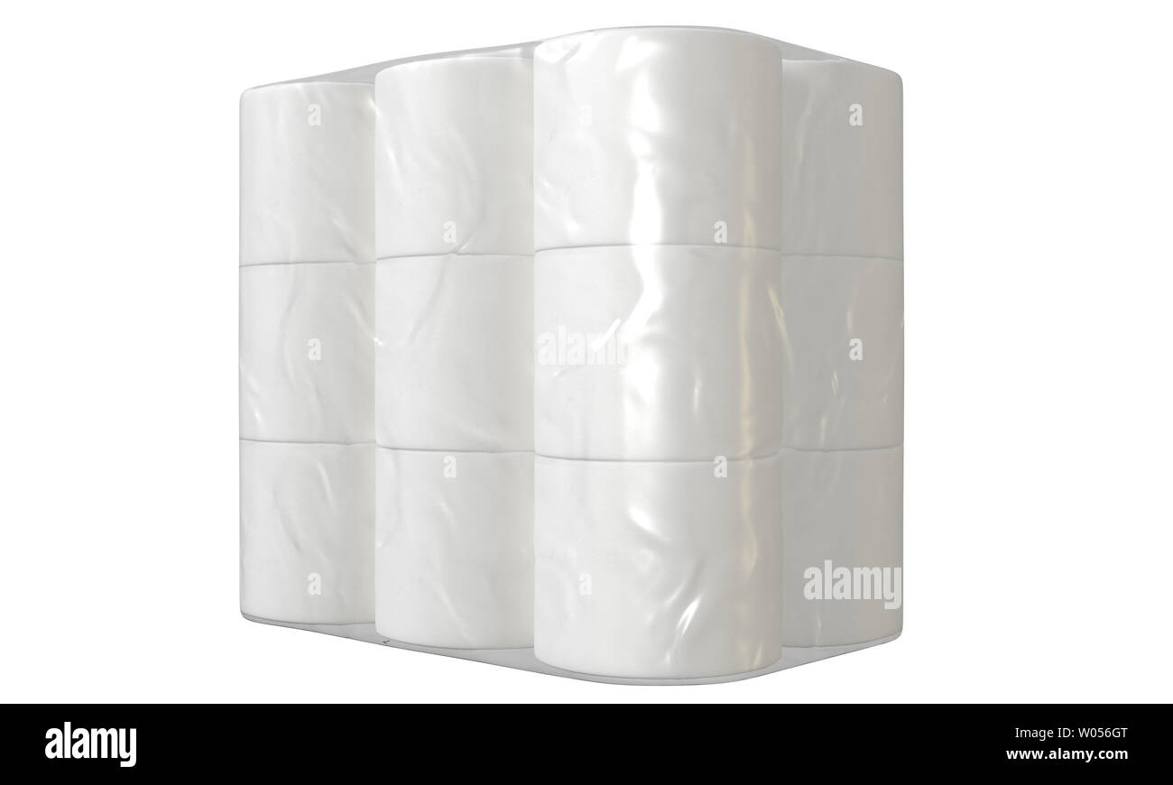 An unbranded plastic shrink wrap packaging holding a pile of white toilet paper rolls 3D