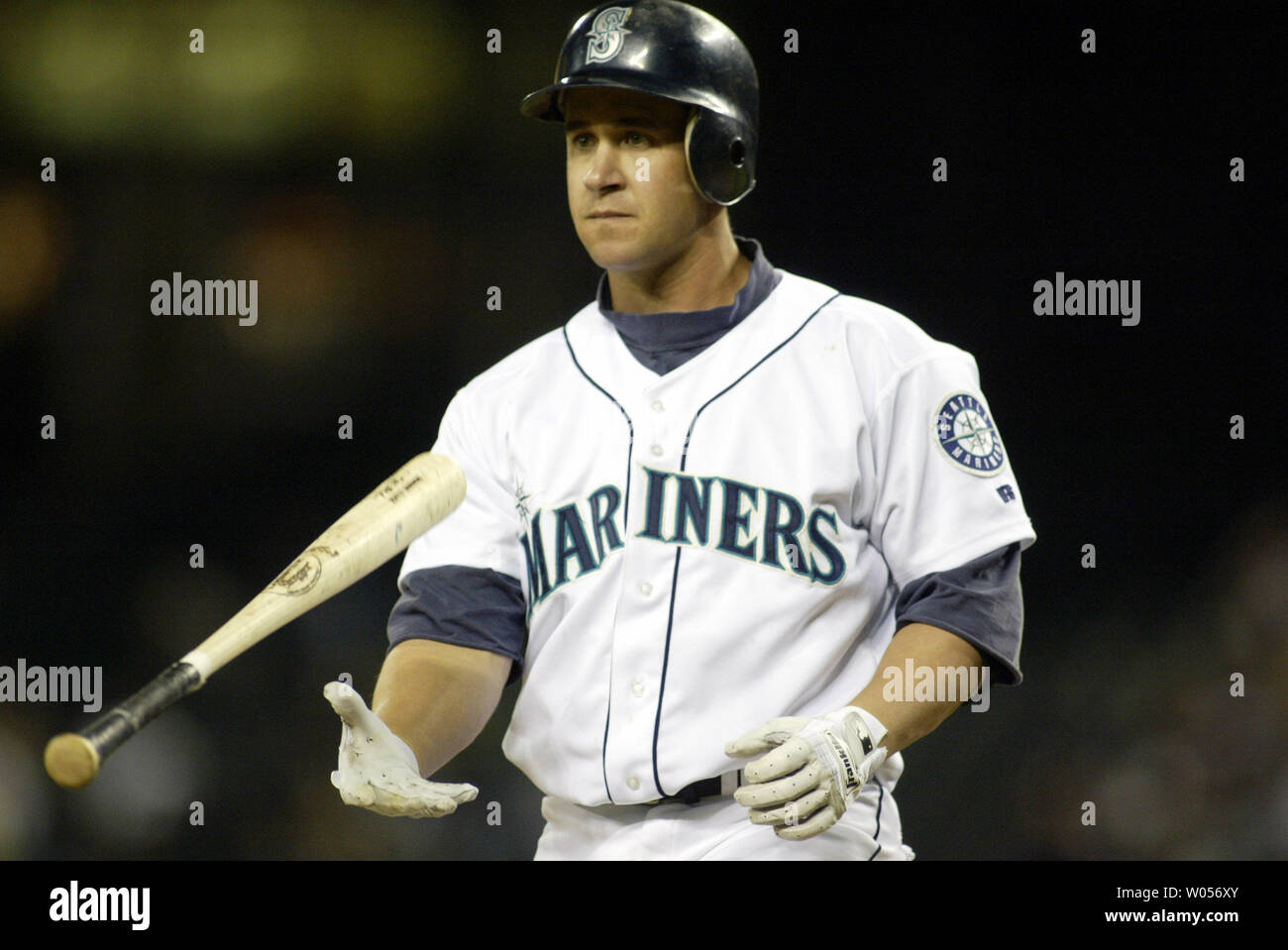 Seattle Mariner Bret Boone flips his bat after being struck out by Toronto  Blue Jay closing pitcher Kerry Ligtenberg in the ninth inning ending the  game at Safeco Field on Wednesday, June