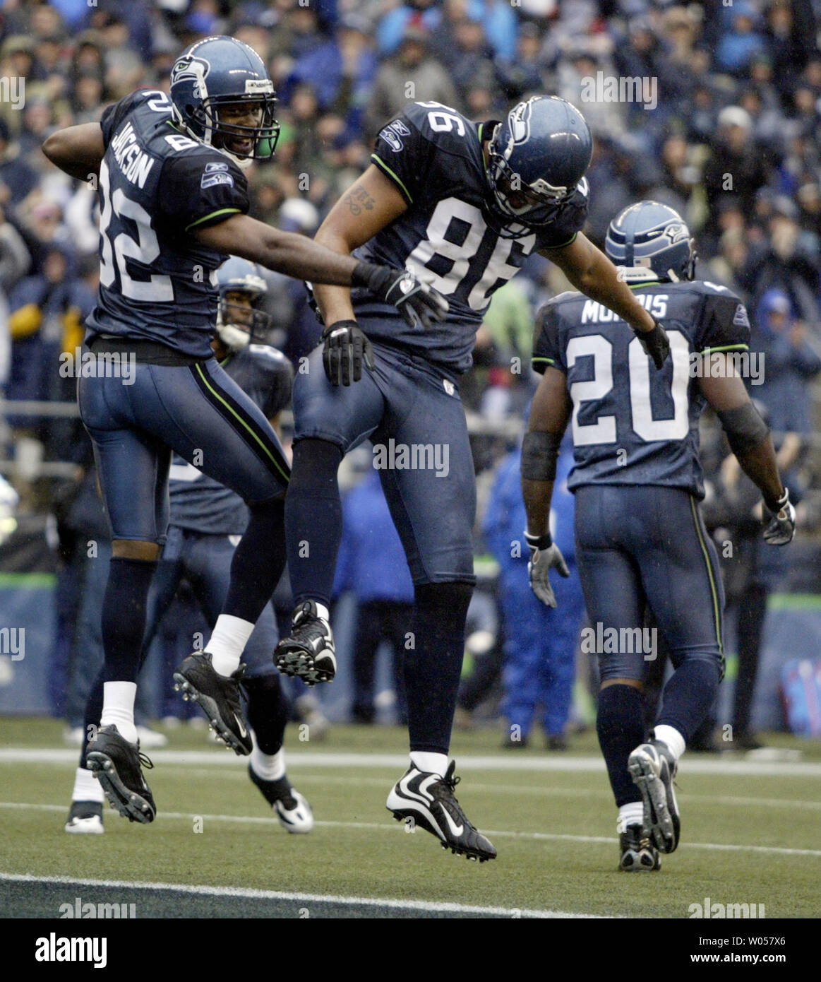 Seattle Seahawks wide receiver Darrell Jackson (L) and tight end Jerramy Stevens celebrates Jackson's touchdown againts the St. Louis Rams, in the first quarter at Qwest Field in Seattle on November 12, 2006.  (UPI Photo/Jim Bryant) Stock Photo