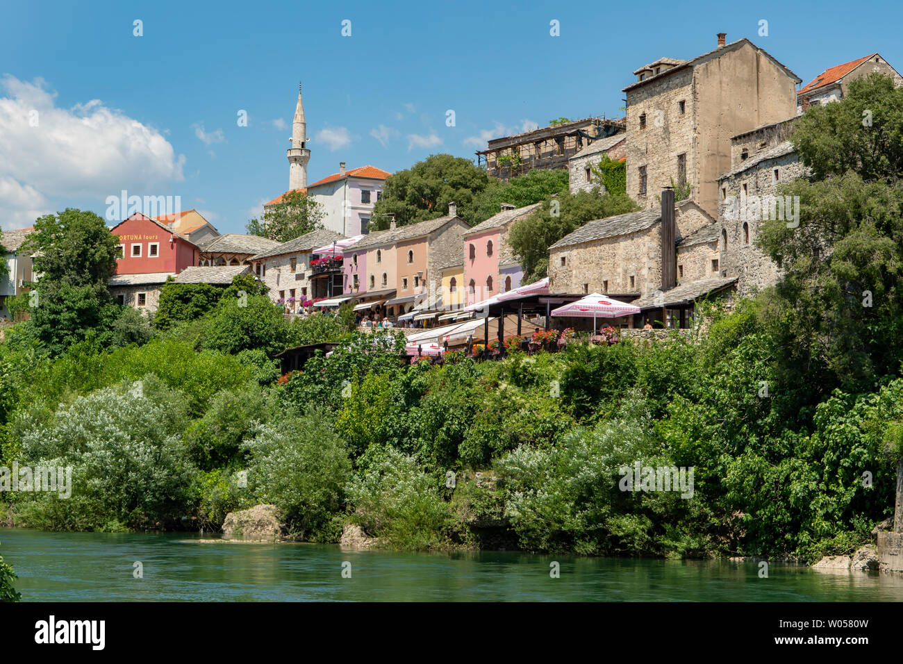 Houses Overlooking Neretva River, Mostar, Bosnia-Herzegovina Stock Photo