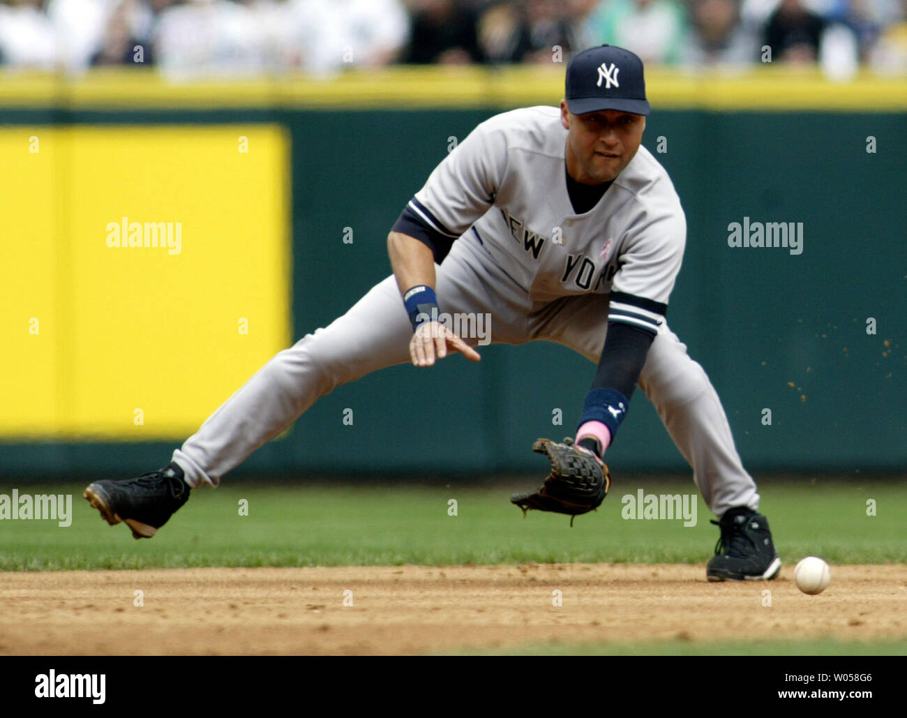 New York Yankees' shortstop Derek Jeter fields a ground ball hit by Seattle  Mariners' Joser Lopez in the second inning at Safeco Field in Seattle on  May 13, 2007. Jeter threw out