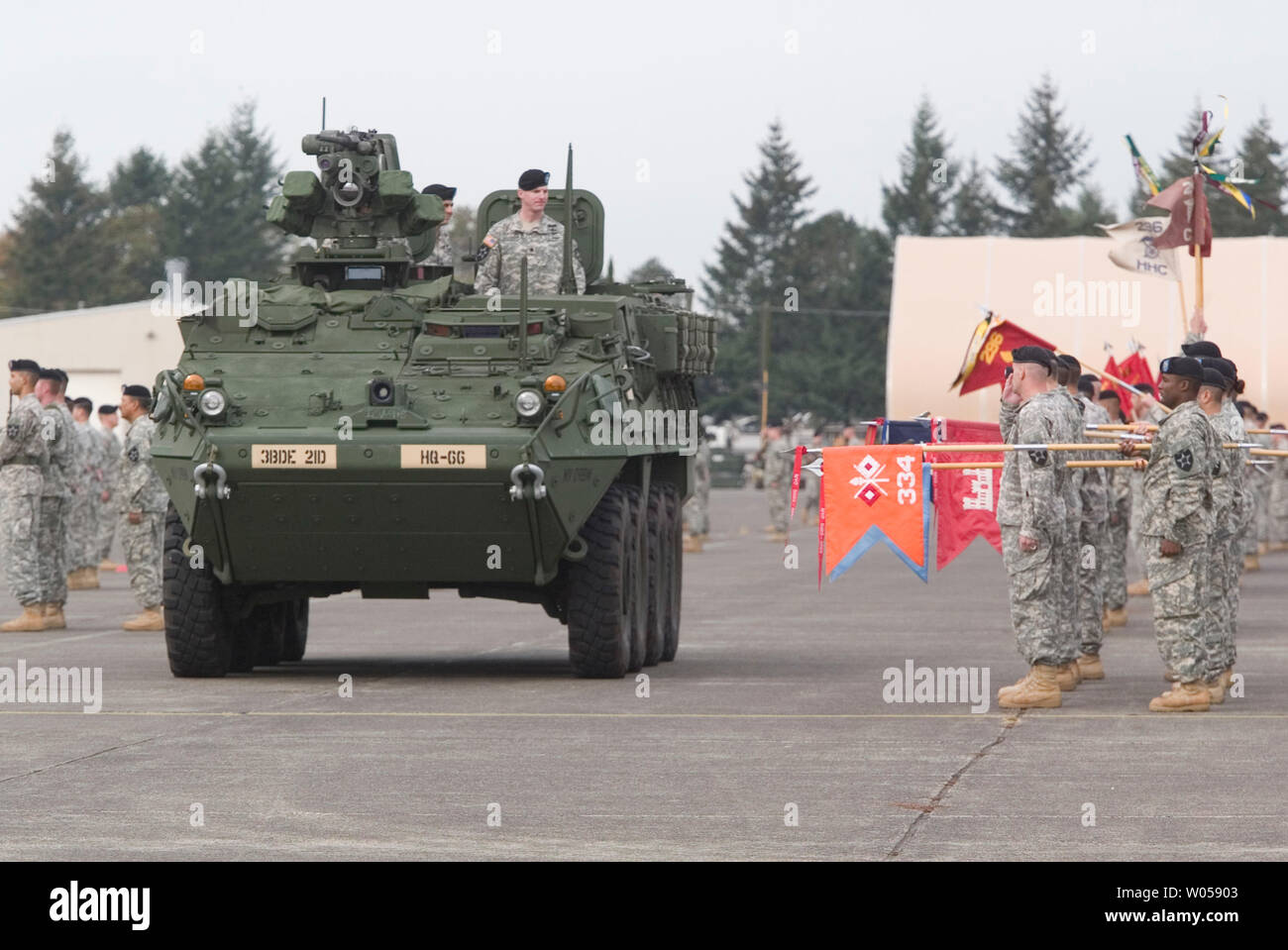 A Stryker vehicle carrying reviewing officers inspects the troops during welcome home ceremonies for the 3rd Brigade , 2nd Infantry Division at Fort Lewis in Tacoma, Washington on October 11, 2007. Soldiers from the 3rd Stryker Brigade were deployed in Iraq from June 2006 to September 2007. (UPI Photo/Jim Bryant) Stock Photo