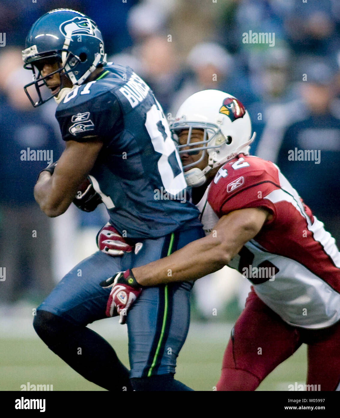 Seattle Seahawks' wide receiver Nate Burleson is tackled by