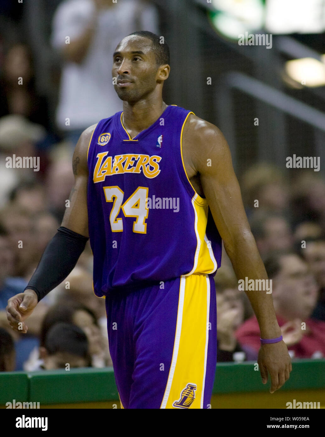 L.A. Lakers' Kobe Bryant walks off the court at the end of their 123-121 overtime win over the Seattle SuperSonics at the Key Arena in Seattle on January 14, 2008. Bryant scored 48 points in the win. (UPI Photo/Jim Bryant). Stock Photo