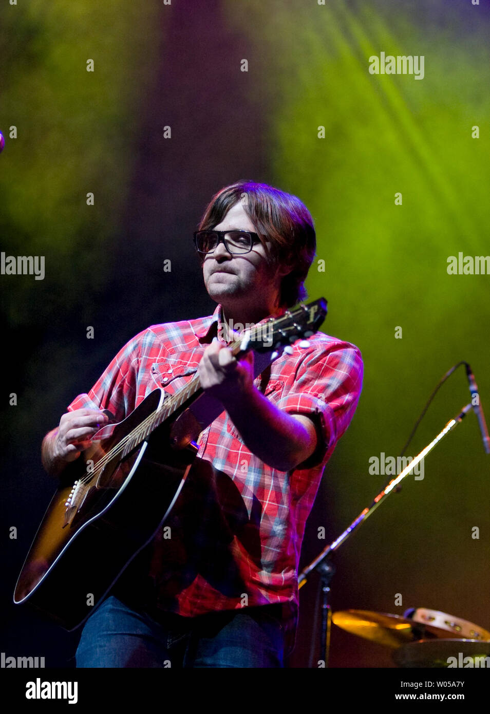 Death Cab For Cutie's guitarist  Ben Gibbard performs at a benefit show for the Seeds of Compassion initiative on April 11, 2008 at the Key Arena in Seattle. The Concert is part of the five-day celebration that centers on the Dalai Lama's visit. (UPI Photo/Jim Bryant) Stock Photo