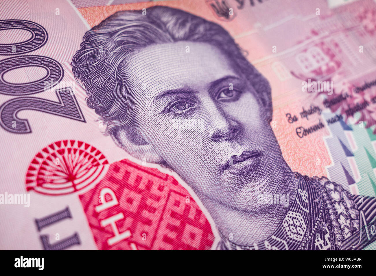 Closeup macro fragment of Ukrainian banknote money of 200 hrivna. Portrait of national poetess Lesya Ukrainka. Partly blurred concept image Stock Photo