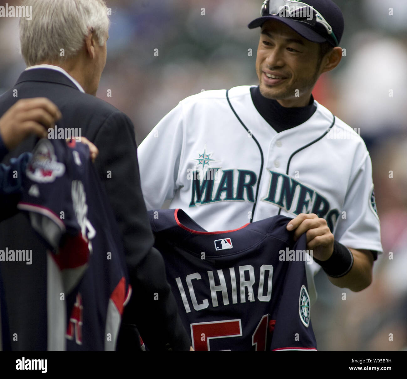 Seattle Mariners' Ichiro Suzuki is presented his All Star Jersey before the  taking the field against theTexas Rangers at SAFECO Field in Seattle on  July 12, 2009. The Mariners beat the Rangers
