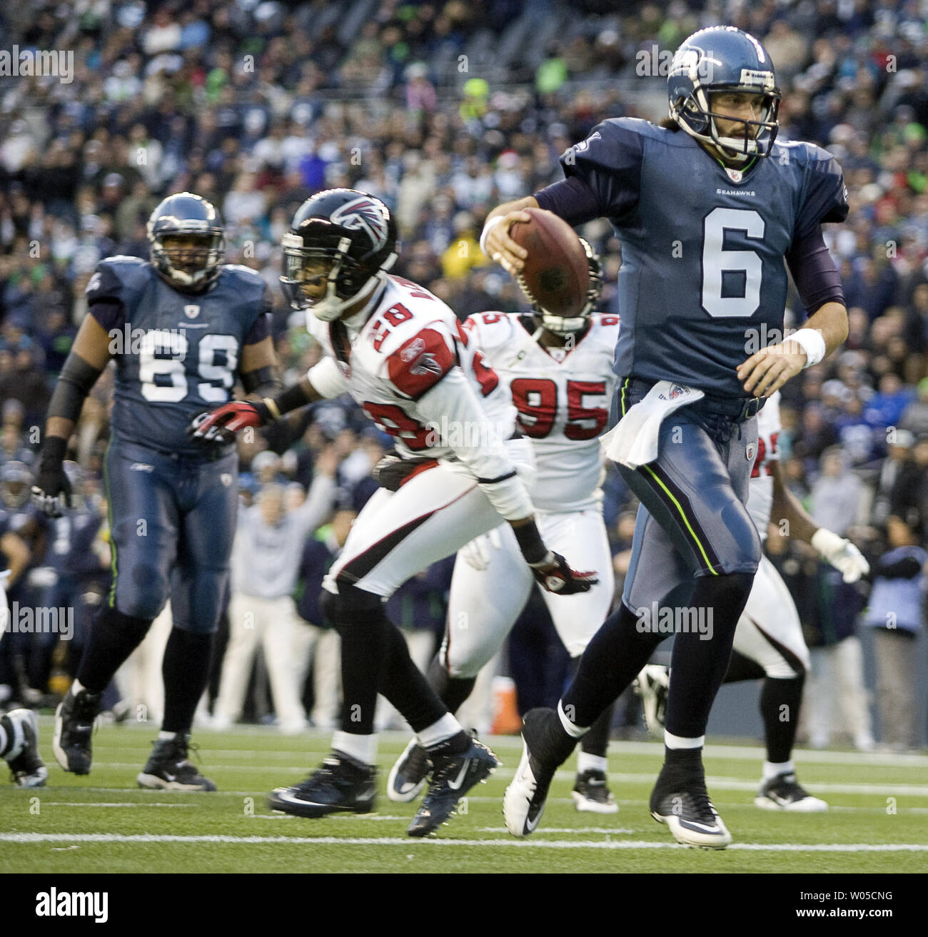 Seattle Seahawks Charlie Whitehurst rolls out of the pocket in the fourth  quarter against the New York Giants in week 5 of the NFL season at MetLife  Stadium in East Rutherford, New Jersey on October 9, 2011. The Seahawks  defeated the Giants 36-25. UPI