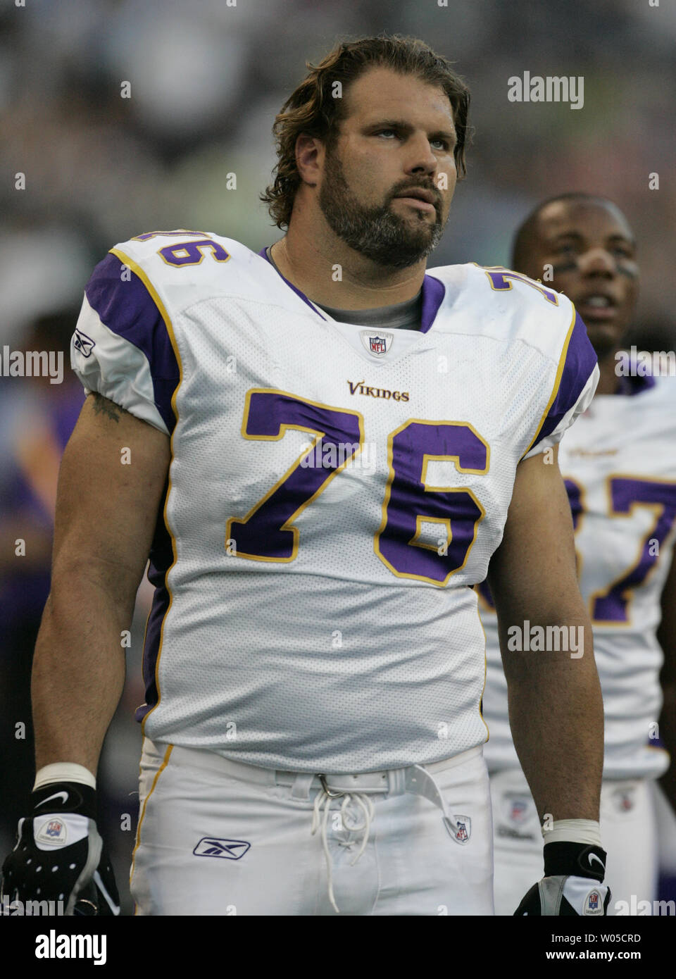 Minnesota Vikings' All Pro tackle Steve Hutchinson watches from the sideline in their game against the Seattle Seahawks  in the first  quarter of a pre season game on August 20, 2011 at CenturyLink Field in Seattle.  UPI /Jim Bryant Stock Photo