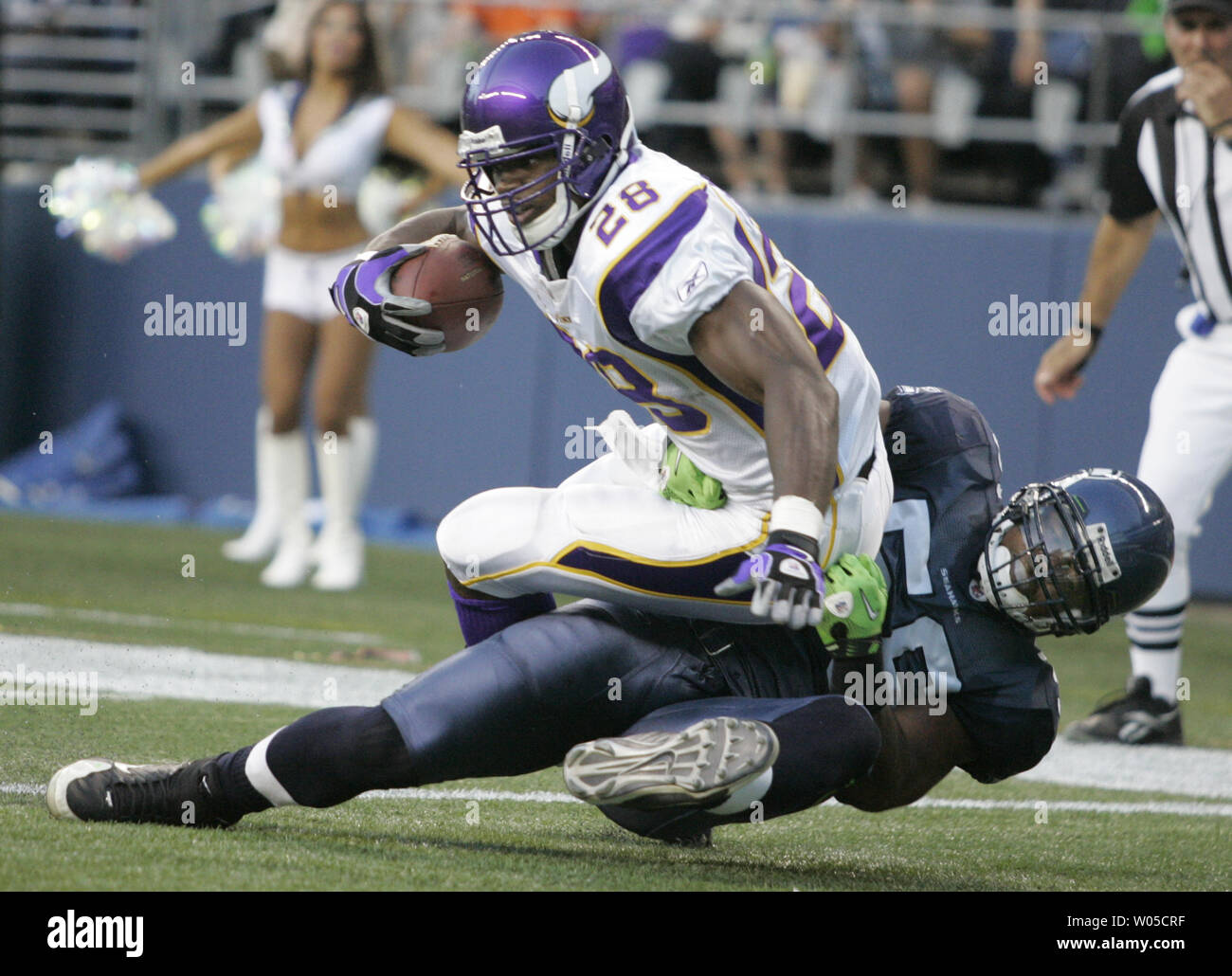 Minnesota Vikings running back Adrian Peterson is thrown for a two-yard loss by Seattle Seahawks' linebacker Leroy Hill in the first quarter of a pre season game on August 20, 2011 at CenturyLink Field in Seattle.  UPI /Jim Bryant Stock Photo