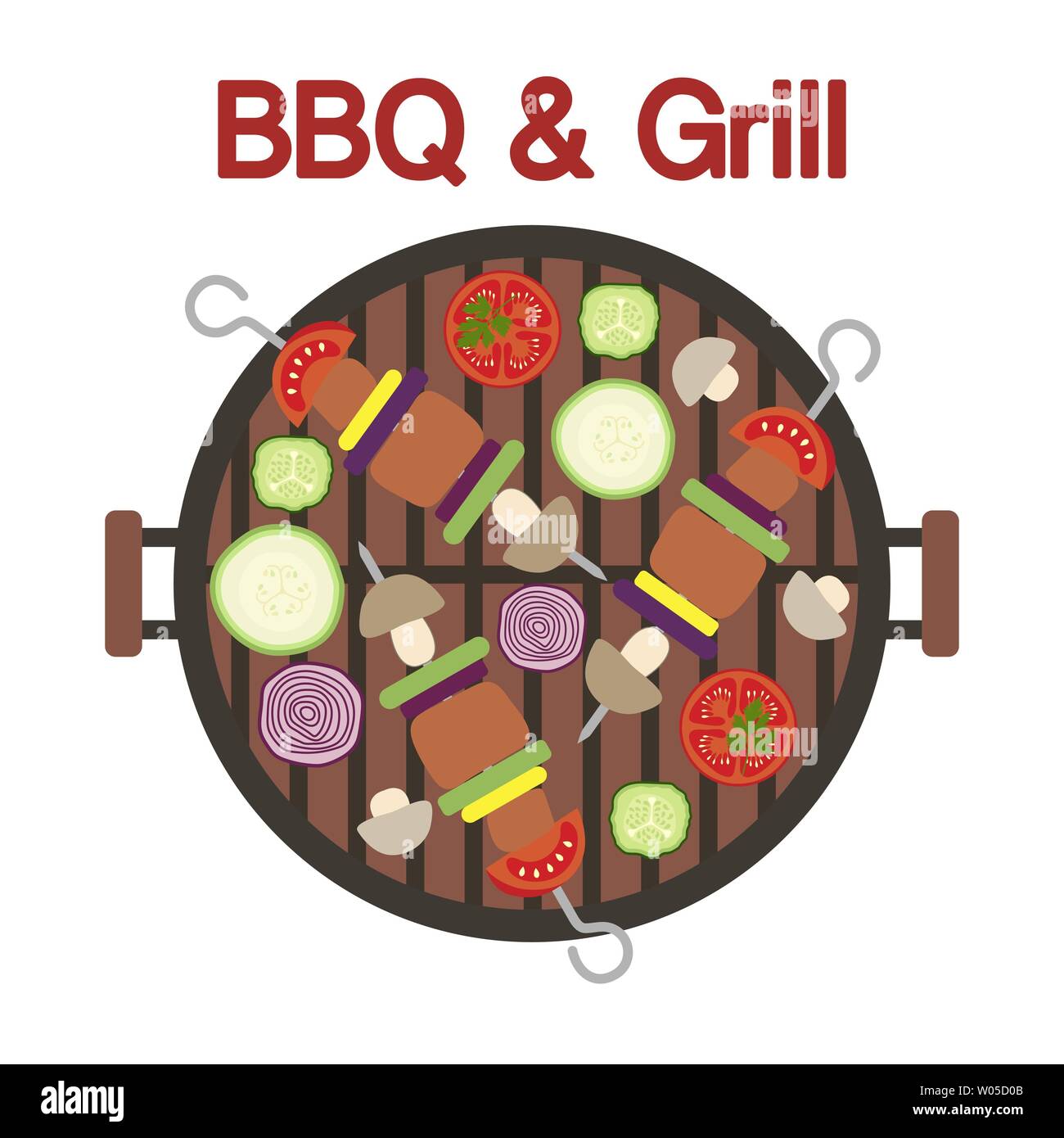 Vector Illustration With Round Barbecue Grill Top View With Kebab