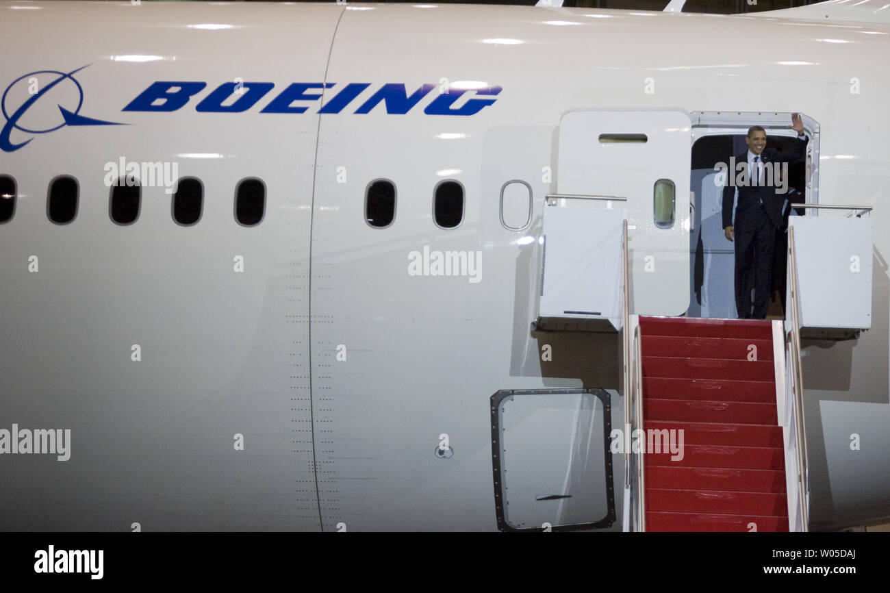 President Barack Obama stands in the doorway of a Boeing 787 Dreamliner to meet with Boeing employees and speak about his blueprint for an economy built to last, based on American domestic manufacturing and promoting American exports,  at the aerospace giant's assembly facility in Everett, Washington on February 17, 2012. Later Obama will be attending two fund raising events for his re-election campaign.   UPI/Jim Bryant Stock Photo