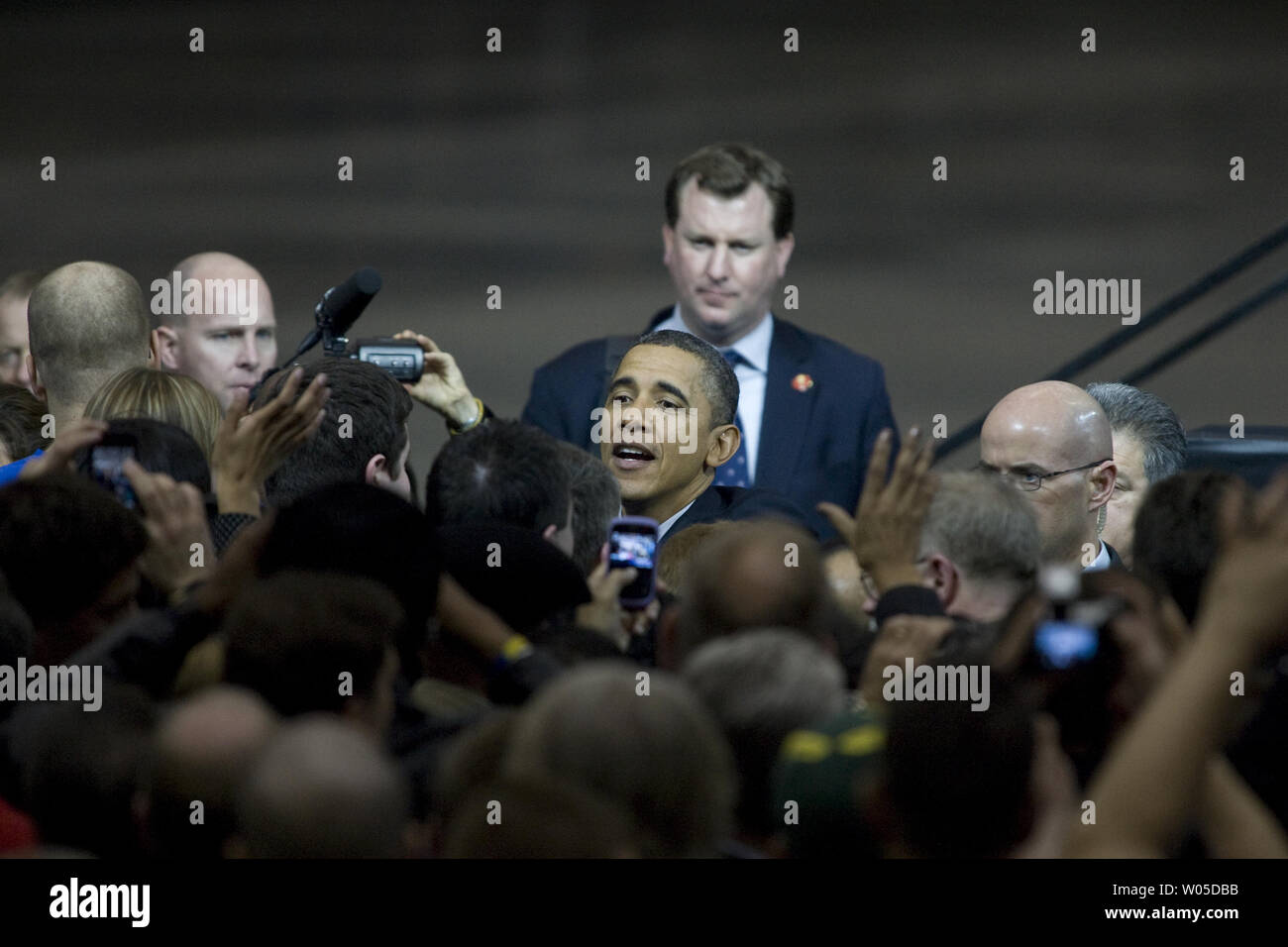 President Barack Obama greets Boeing employees after speaking about his blueprint for an economy built to last, based on American domestic manufacturing and promoting American exports,  at the aerospace giant's assembly facility in Everett, Washington on February 17, 2012. Later Obama will be attending two fund raising events for his re-election campaign.   UPI/Jim Bryant Stock Photo