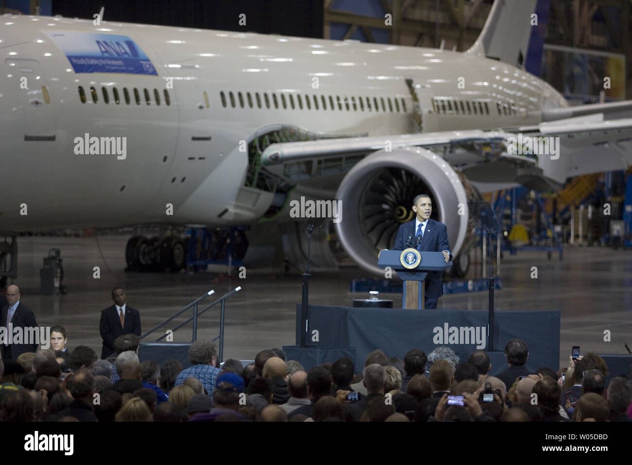 President Barack Obama speaks to Boeing employees about his blueprint for an economy built to last, based on American domestic manufacturing and promoting American exports,  at the aerospace giant's assembly facility in Everett, Washington on February 17, 2012. Later Obama will be attending two fund raising events for his re-election campaign.   UPI/Jim Bryant Stock Photo