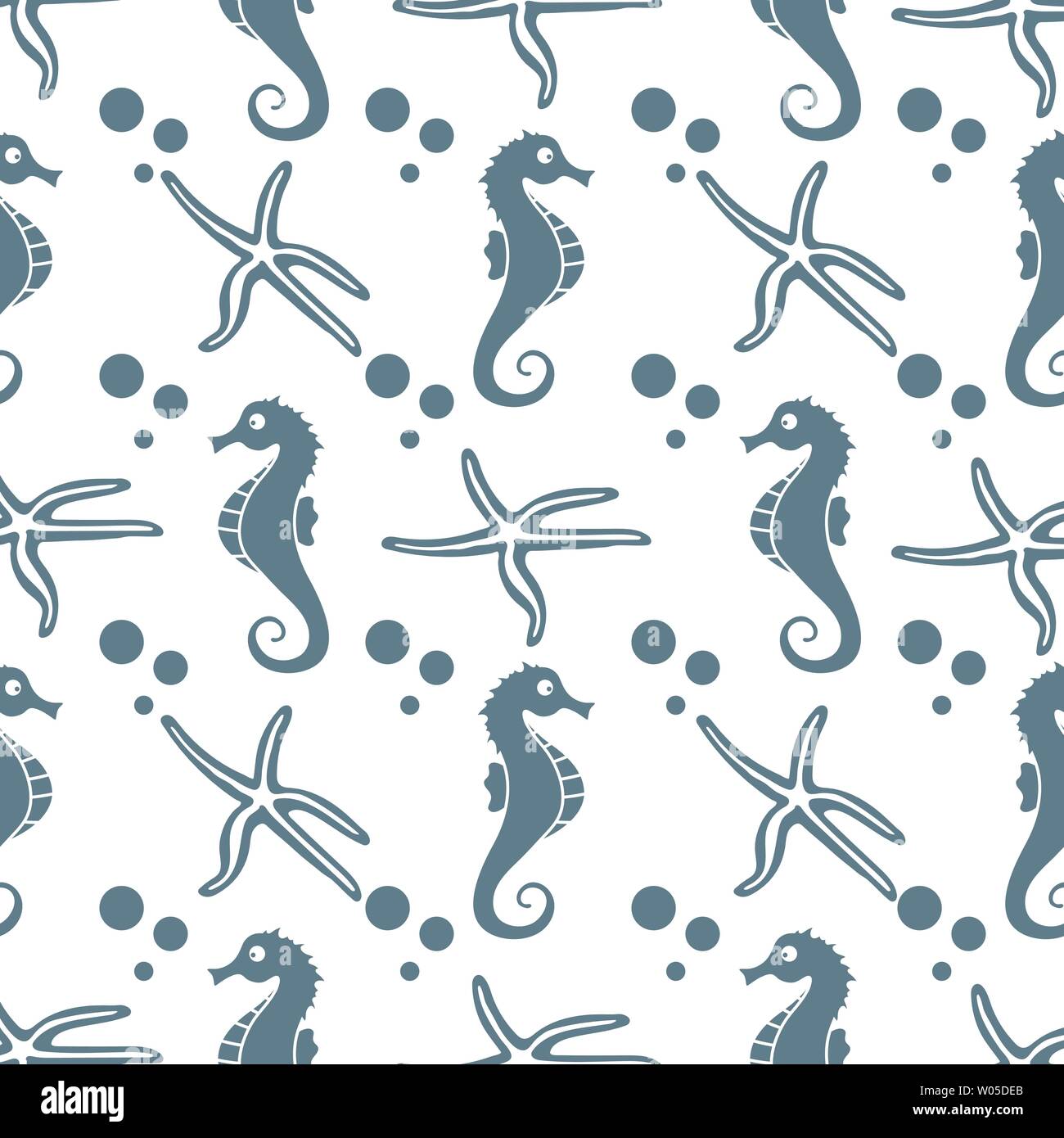 Vector seamless pattern with sea horses, starfish and bubbles. Marine ...