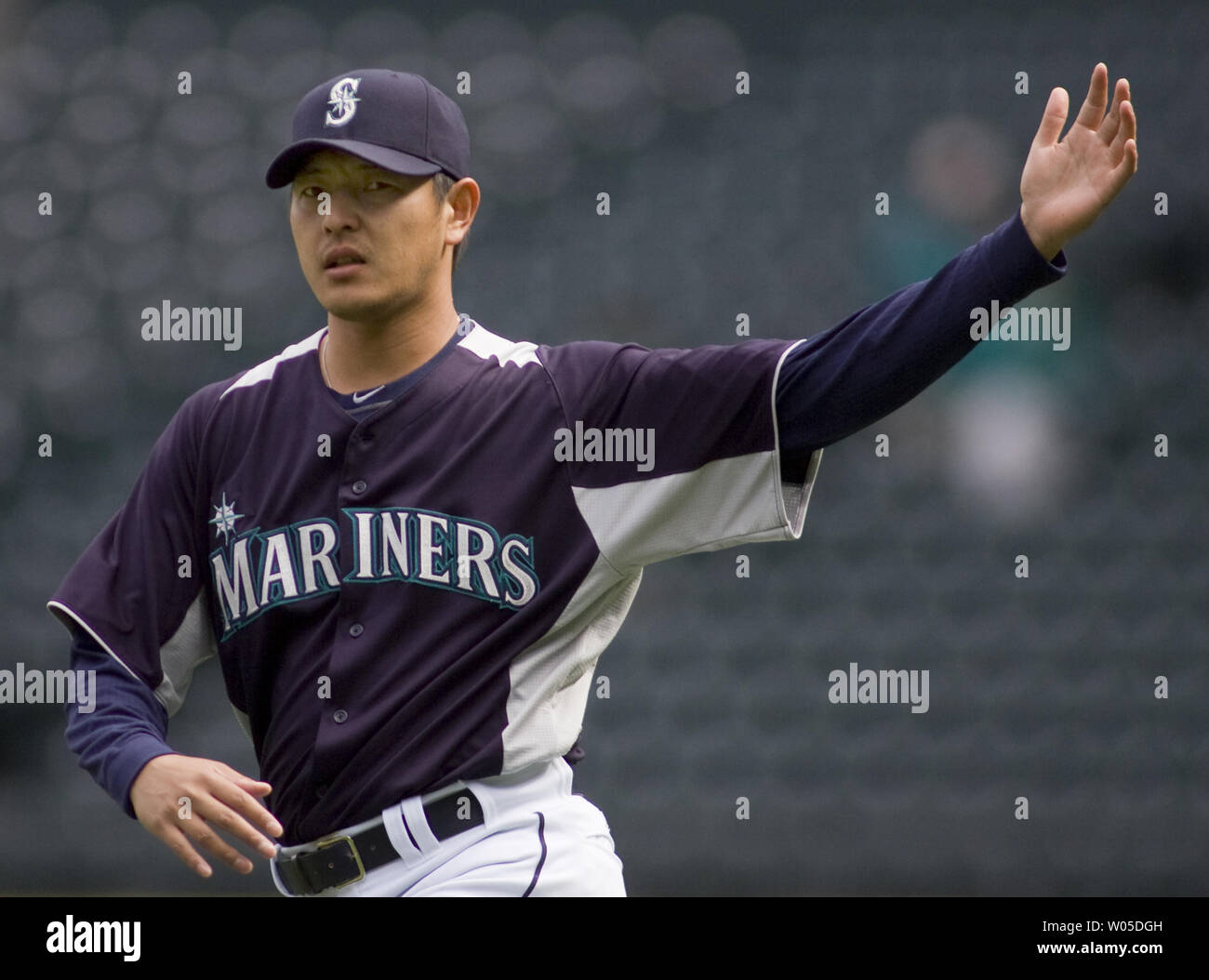 Seattle Mariners pitcher Hisashi Iwakuma stretches before their game against the Oakland Athletics  at SAFECO Field in Seattle April 15, 2012.      UPI /Jim Bryant.. Stock Photo