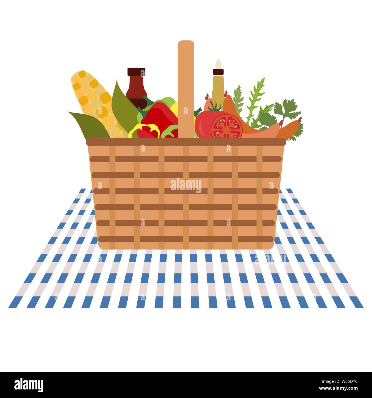 Vector illustration with wicker picnic basket with food. Family picnic ...