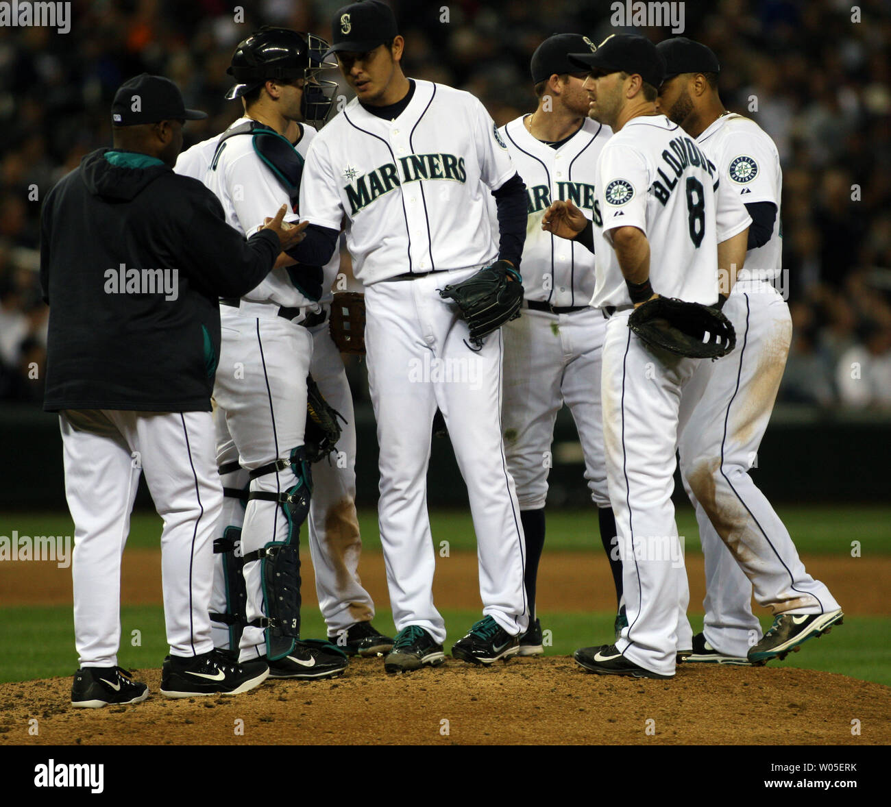 Seattle Mariners' starting pitcher Hisashi Iwakuma is relieved in the eight inning in their game against the New York Yankees on June 10, 2014 at Safeco Field in Seattle.   The Yankees beat the Mariners 3-2.  UPI/Jim Bryant Stock Photo