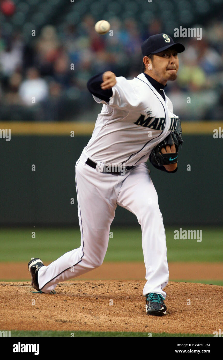 Seattle Mariners starting pitcher Hisashi Iwakuma pitches against the New York Yankees  in the first inning on June 10, 2014 at Safeco Field in Seattle.     UPI/Jim Bryant Stock Photo