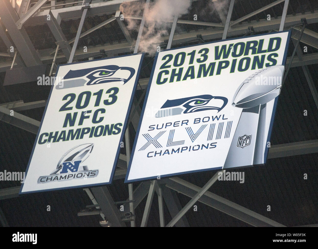 The 2013 World Championship Super Bowl XLVIII banner is displayed