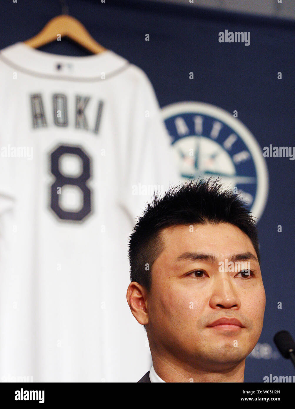 Norichika AokI listens to questions from the area press. The Seattle Mariners has signed free agent outfielder Norichika AokI to a one-year contract with a vesting mutual option for the 2017 season at SAFECO Field on December 3, 2015 in Seattle.    Photo by Jim Bryant/UPI Stock Photo