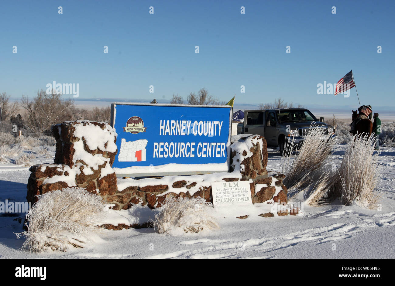 Entrance sign at the Malheur National Wildlife Reserve was changed to Harney Ciunty Research Center on January 15, 2016 in Burns, Oregon.  Ammon Bundy and about 20 other protesters took over the refuge on Jan. 2 after a rally to support the imprisoned local ranchers Dwight Hammond Jr., and his son, Steven Hammond.      Photo by Jim Bryant/UPI Stock Photo