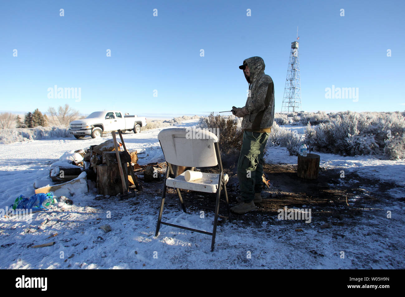 An activists pulls sentry duty at the Malheur National Wildlife Reserve on January 15, 2016 in Burns, Oregon.  Ammon Bundy and about 20 other protesters took over the refuge on Jan. 2 after a rally to support the imprisoned local ranchers Dwight Hammond Jr., and his son, Steven Hammond.      Photo by Jim Bryant/UPI Stock Photo