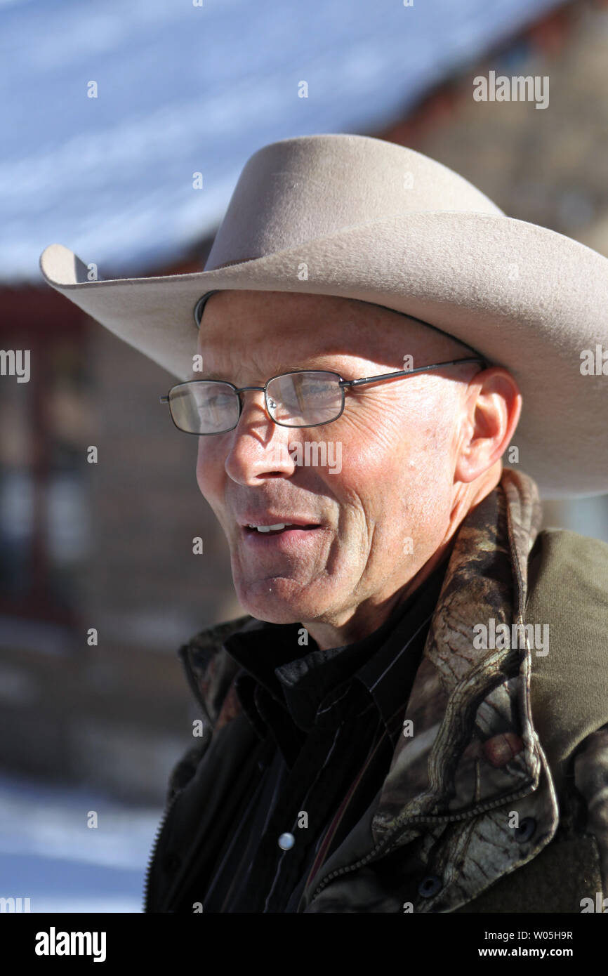 LaVoy Finicum, spokesman for the armed activists speaks during a press conference at the Malheur National Wildlife Reserve on January 15, 2016 in Burns, Oregon.  Ammon Bundy and about 20 other protesters took over the refuge on Jan. 2 after a rally to support the imprisoned local ranchers Dwight Hammond Jr., and his son, Steven Hammond.      Photo by Jim Bryant/UPI Stock Photo