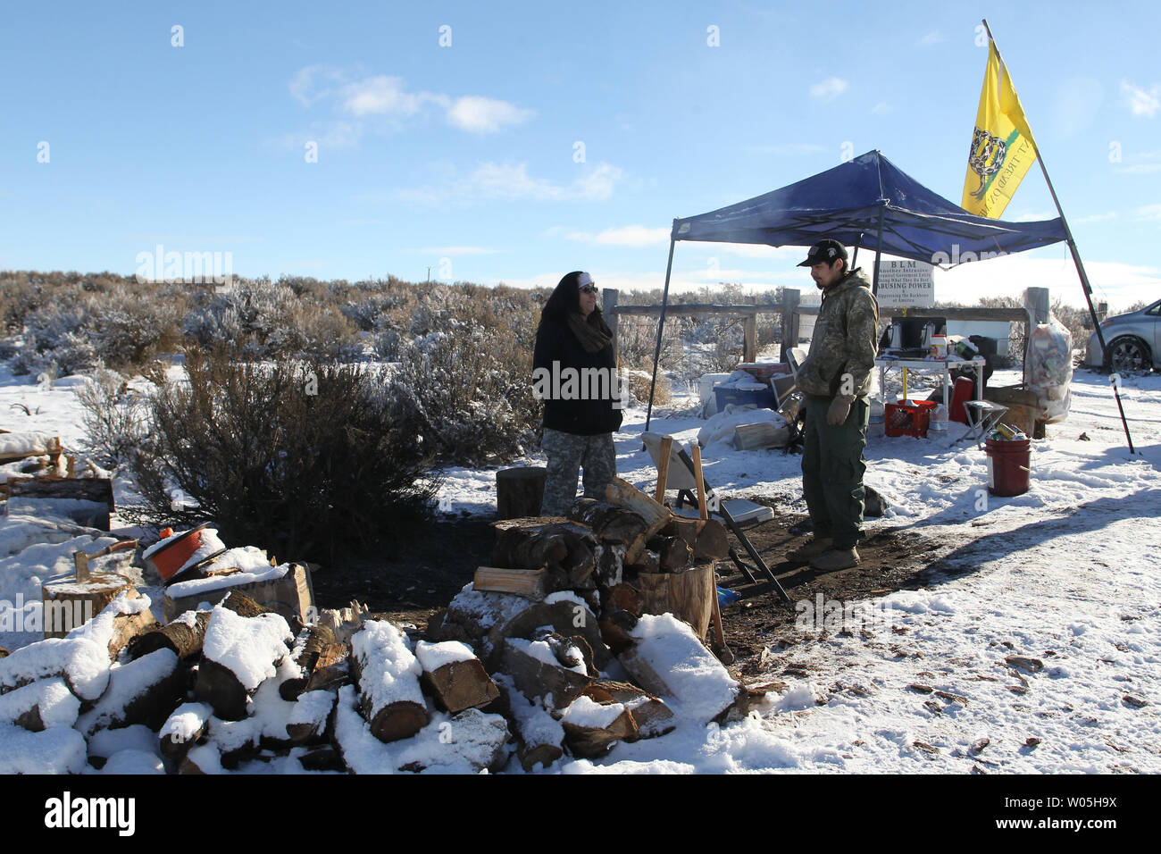 Activists pulls sentry duty at the Malheur National Wildlife Reserve on January 15, 2016 in Burns, Oregon.  Ammon Bundy and about 20 other protesters took over the refuge on Jan. 2 after a rally to support the imprisoned local ranchers Dwight Hammond Jr., and his son, Steven Hammond.      Photo by Jim Bryant/UPI Stock Photo