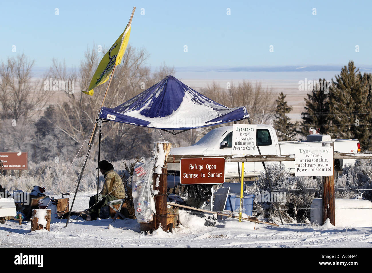 An activists pulls sentry duty at the Malheur National Wildlife Reserve on January 15, 2016 in Burns, Oregon.  Ammon Bundy and about 20 other protesters took over the refuge on Jan. 2 after a rally to support the imprisoned local ranchers Dwight Hammond Jr., and his son, Steven Hammond.      Photo by Jim Bryant/UPI Stock Photo
