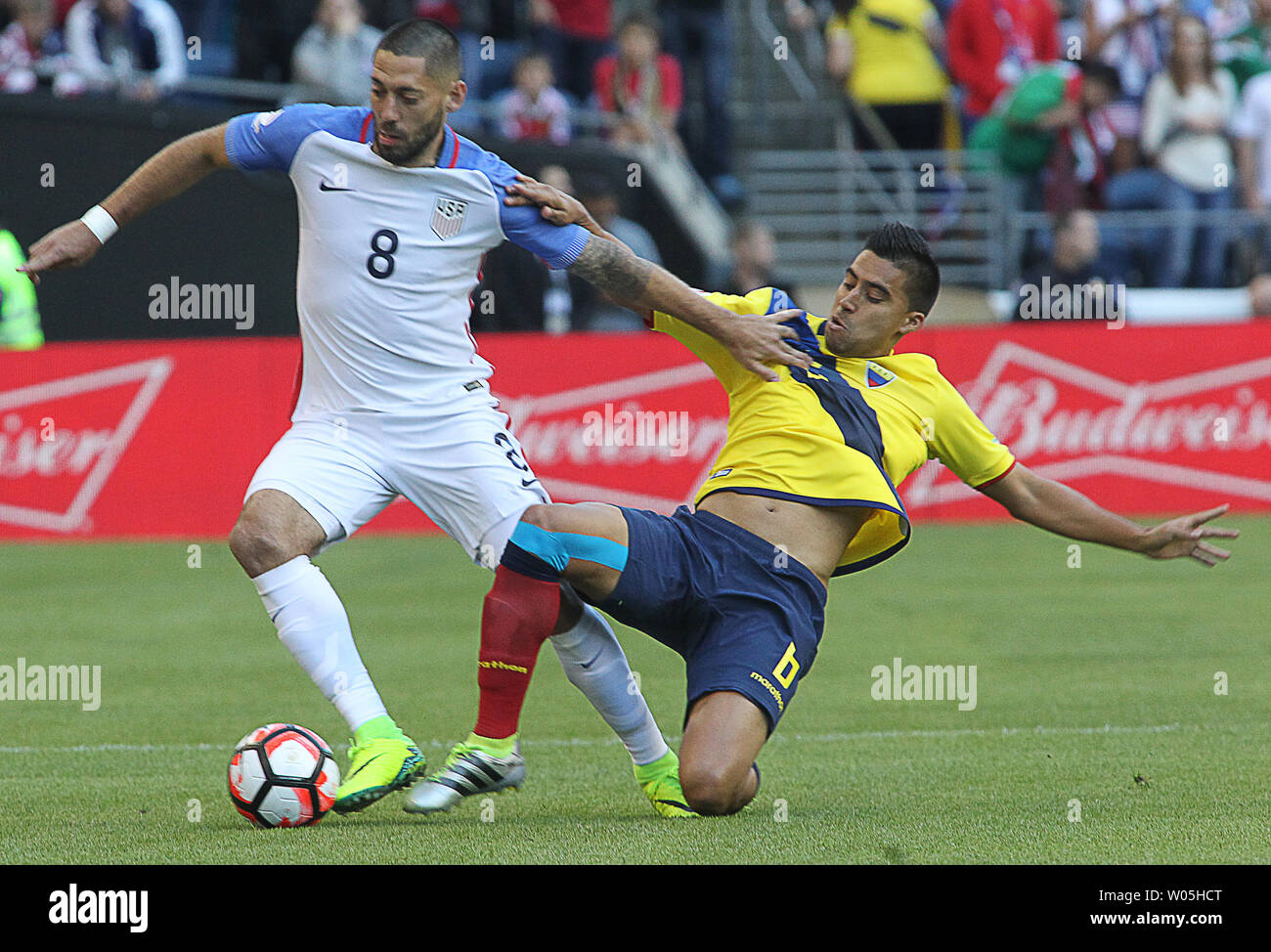 USA's Clint Dempsey (8) pushes off on Ecuador's Christian Ramirez (5) in a 2016 Copa America Centenario soccer quarterfinals at CenturyLink Field in Seattle, Washington on June 16, 2016.    Dempsey scored a goal in the USA 2-1 win over Ecuador to advance to the semi-finals.    Photo by Jim Bryant/ UPI Stock Photo