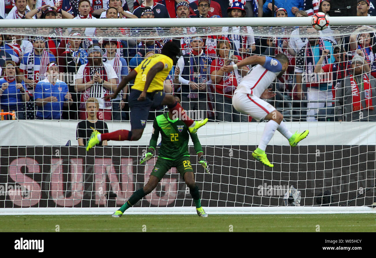USA's Clint Dempsey heads the ball for a goal against Ecuador in a 2016 Copa America Centenario soccer quarterfinals at CenturyLink Field in Seattle, Washington on June 16, 2016.     USA beat Ecuador 2-1 to advance to the semi-finals.    Photo by Jim Bryant/ UPI Stock Photo