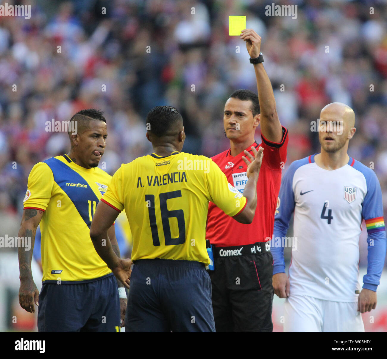 USA Ecuador's Antonio Valencia (16) receives a yellow card from Referee Wilmar Roldan during their game against USA in a 2016 Copa America Centenario soccer quarterfinals at CenturyLink Field in Seattle, Washington on June 16, 2016.     USA beat Ecuador 2-1 to advance to the semi-finals.    Photo by Jim Bryant/ UPI Stock Photo