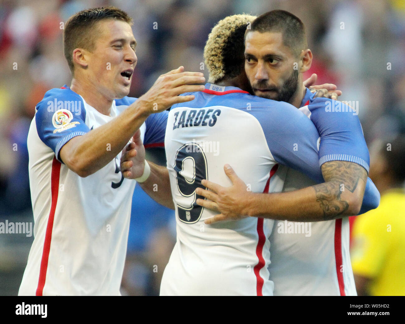 USA's Clint Dempsey, right, and Matt Besler (5) rushes in to hug Gyasi Zardes (9) after he scored a goal against Ecuador in a 2016 Copa America Centenario soccer quarterfinals at CenturyLink Field in Seattle, Washington on June 16, 2016.  USA beats Ecuador  2-1 to advance to semi-finals    Photo by Jim Bryant/ UPI Stock Photo
