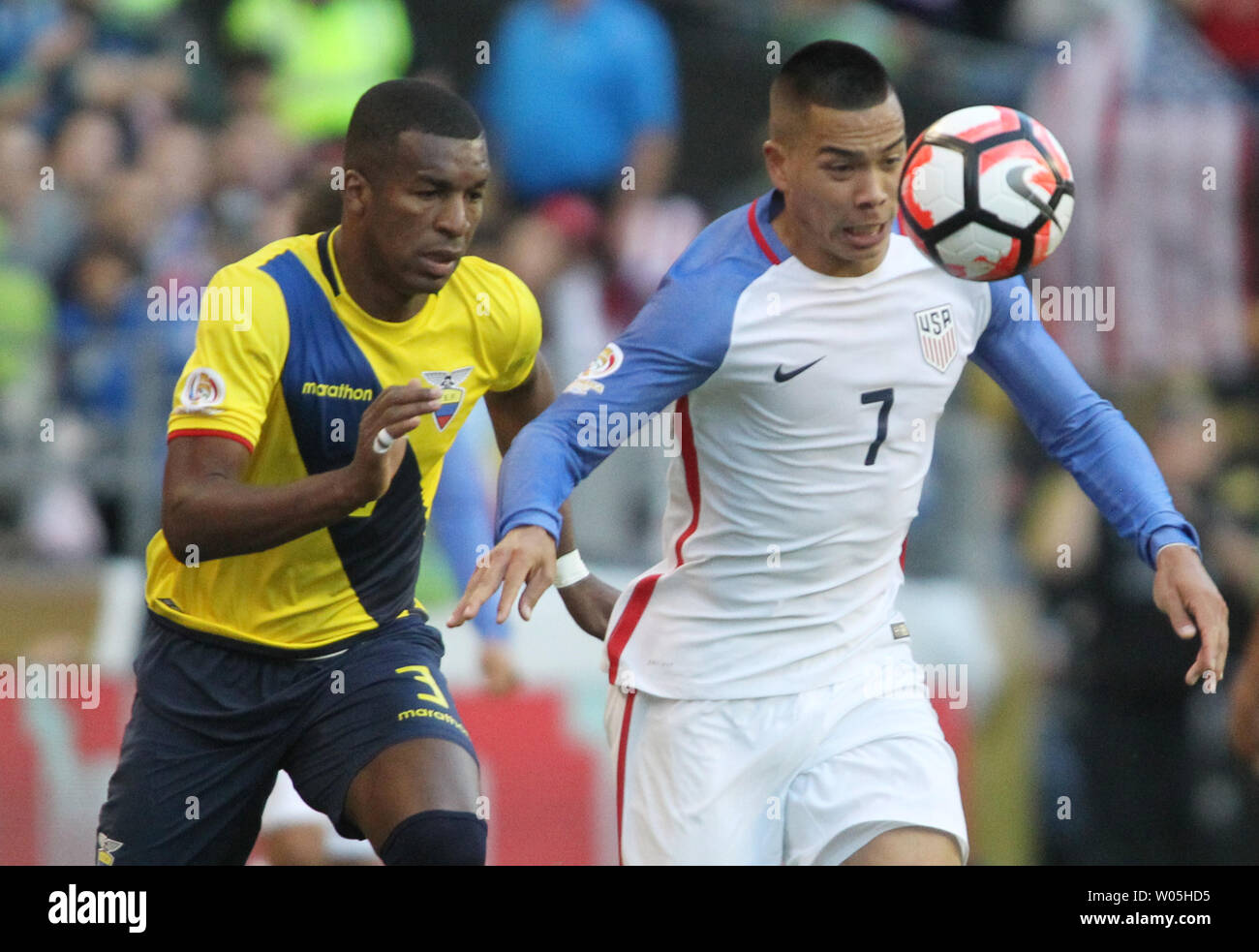 USA's Bobby Wood chases a ball against Ecuador's Frickson Erazo (3) in a 2016 Copa America Centenario soccer quarterfinals at CenturyLink Field in Seattle, Washington on June 16, 2016. USA beats Ecuador 2-1 to advance to the semi-finals.    Photo by Jim Bryant/ UPI Stock Photo