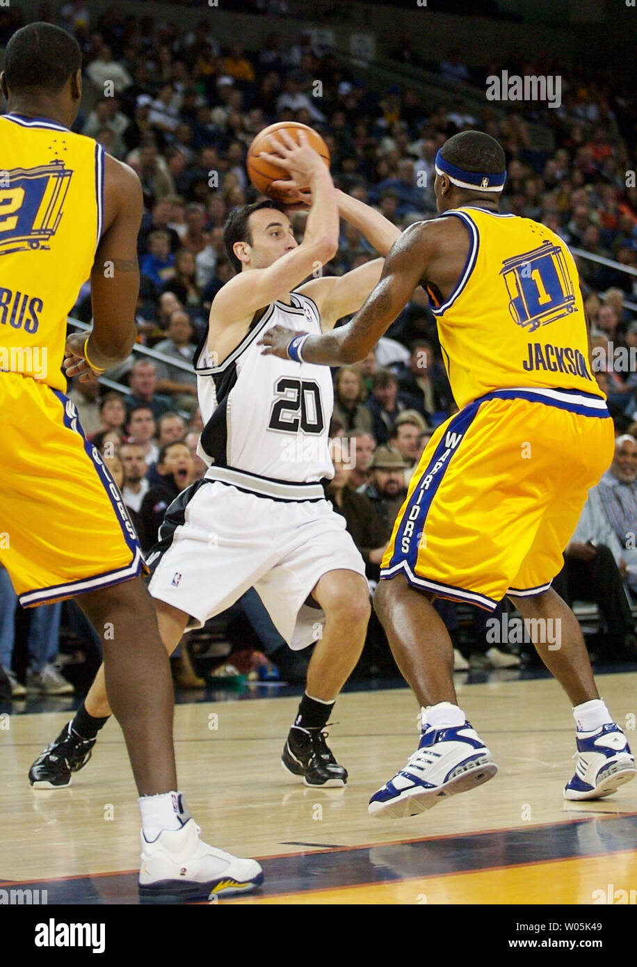 San Antonio Spurs forward Manu Ginobili brings the ball upcourt against the  Denver Nuggets at Pepsi Center in Denver, Colorado December 31, 2005. (UPI  Photo/Gary C. Caskey Stock Photo - Alamy