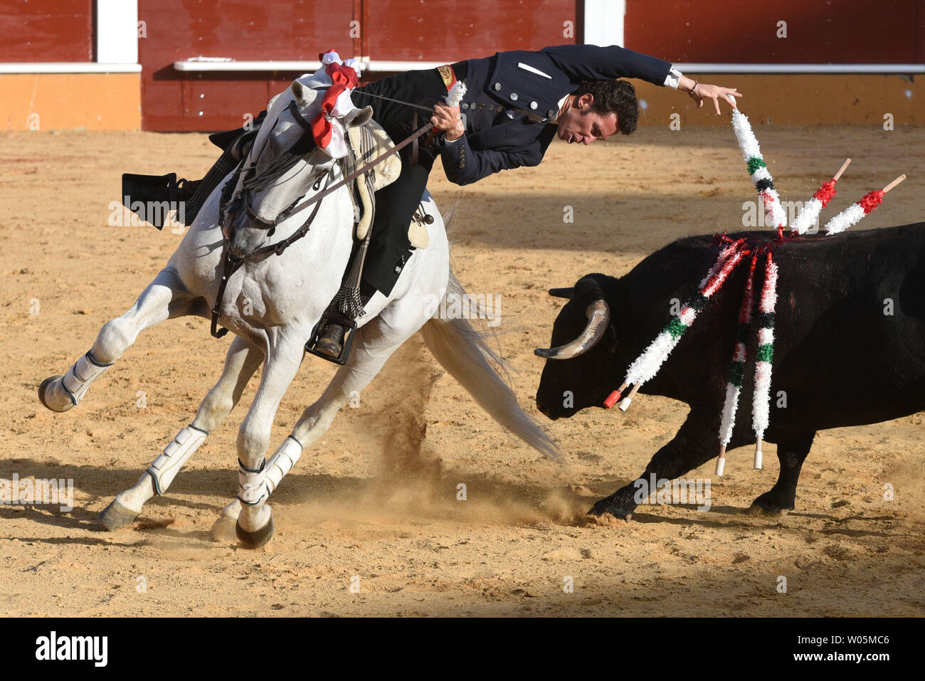 Soria, Spain. 26th June, 2019. Leonardo Hernández, a Spanish matador on horseback, performs with a Benitez Cubero ranch bull during a bullfight at the La Chata bullring in the 2019 San Juan festival in Soria. Credit: SOPA Images Limited/Alamy Live News Stock Photo