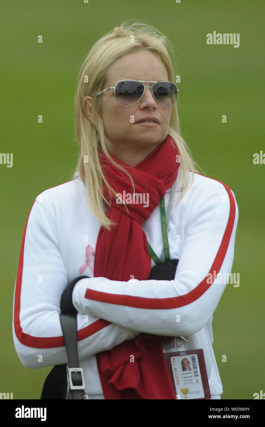United States team member Justin Leonard's wife Amanda watches play on the  final day of the 2009 Presidents Cup at Harding Park Golf Course in San  Francisco, California on October 11, 2009.