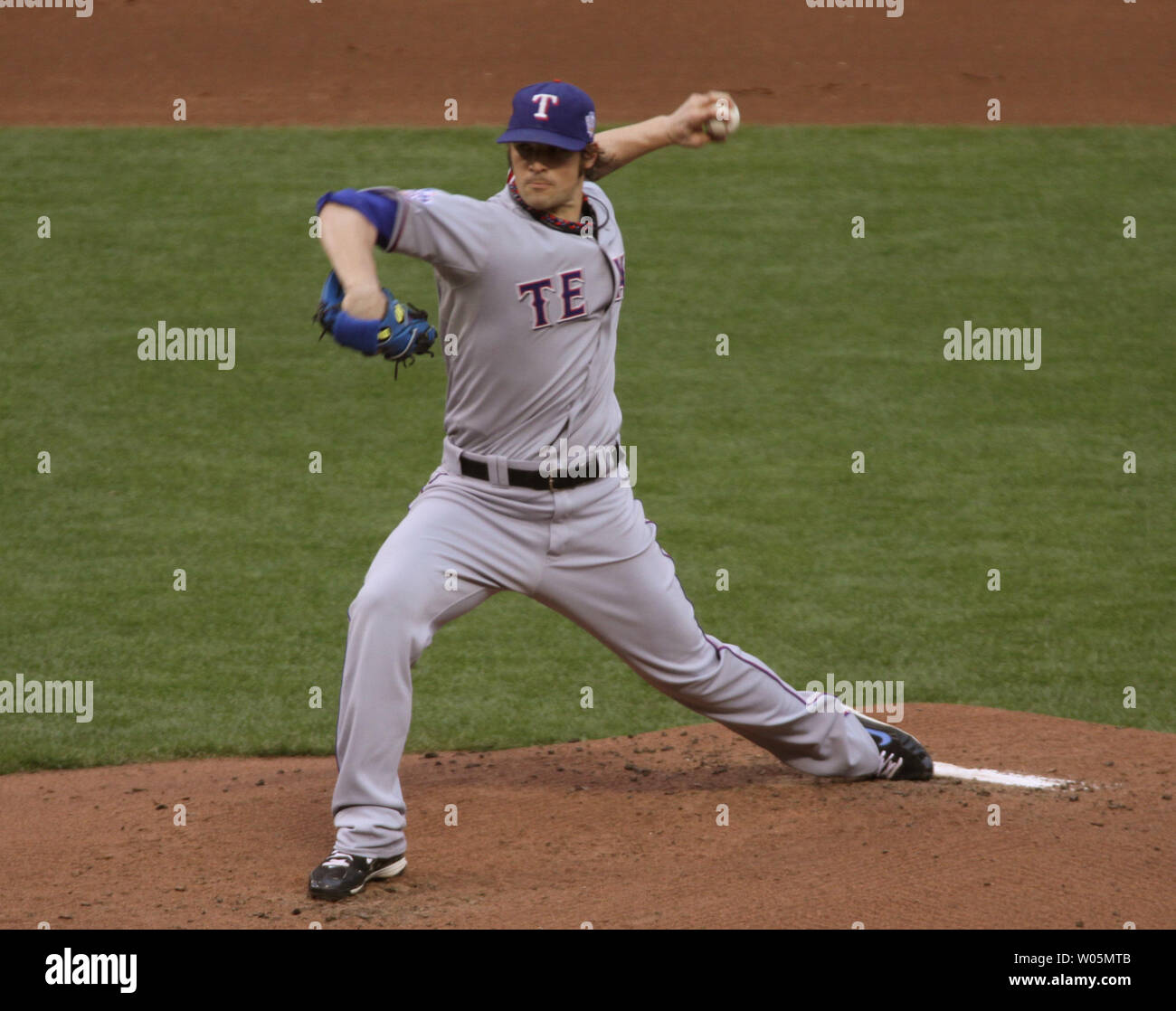 Texas Rangers starting pitcher C.J. Wilson in the first inning of game 2 of the World Series at AT&T Park in San Francisco, Thursday, October 28, 2010. UPI/Bob Larson Stock Photo